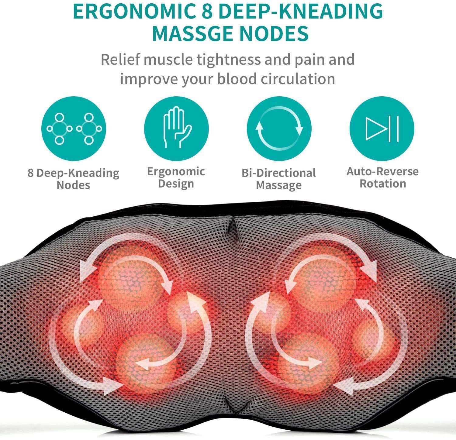 Shiatsu Neck Shoulder Massager with Red Light Heat, 8 Deep Kneading Nodes 3 Speed Bi-Directional Rotation Massage Shawl,  for Neck Back Waist Leg Home Office Car Use, AC & Car Adapters Included