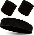 Set of Headband and 2x Wristbands Set | Sweatband | Sweatbands | Head and Wrist | Sports Bands | Black