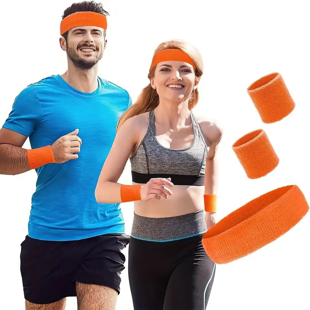 Headband & 2x Wristband Set | Sweatband | Sweatbands | Head and Wrist | Sports Bands | Orange