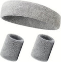 Set of Headband and 2x Wristbands Set | Sweatband | Sweatbands | Head and Wrist | Sports Bands | Grey