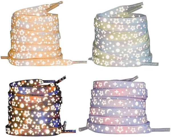 4 Pairs Reflective Shoelaces with Colorful Stars and Hearts Pattern