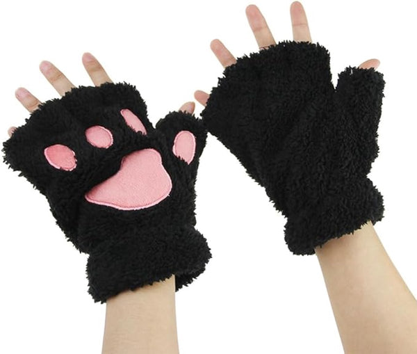 Extra Thick Cartoon Panda Paw Half Finger Winter Gloves