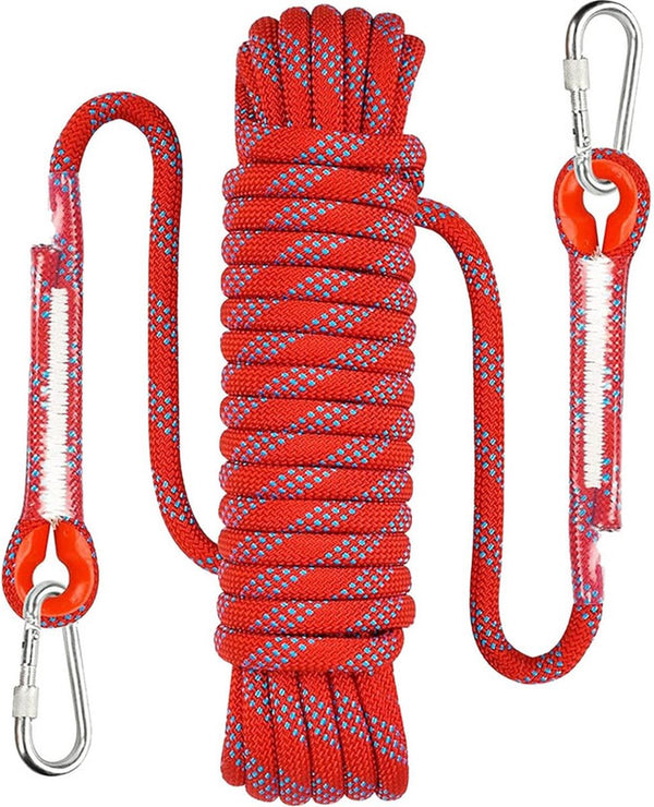 Climbing rope 10 meters - 1000 kg tensile strength - including 2 carabiners - red