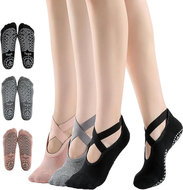 3 pairs of yoga socks - Pilates socks - non-slip socks - sports socks - ballet socks - for yoga pole Pilates dance - black, dark grey and pink