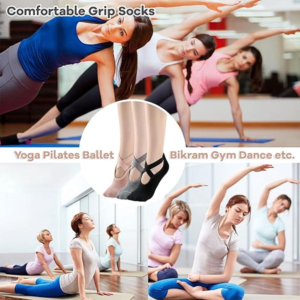 3 pairs of yoga socks - Pilates socks - non-slip socks - sports socks - ballet socks - for yoga pole Pilates dance - black, dark grey and pink