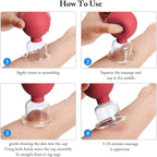 4-Piece Cupping Set - Silicone Face Cups - Cellulite Cups - Glass Facial Cupping Set - Facial Cupping - Vacuum Massage Therapy - Face Cupping - Massage Cups - cups for body, face, leg, arm, back, shoulder, muscle and joint pain - Red