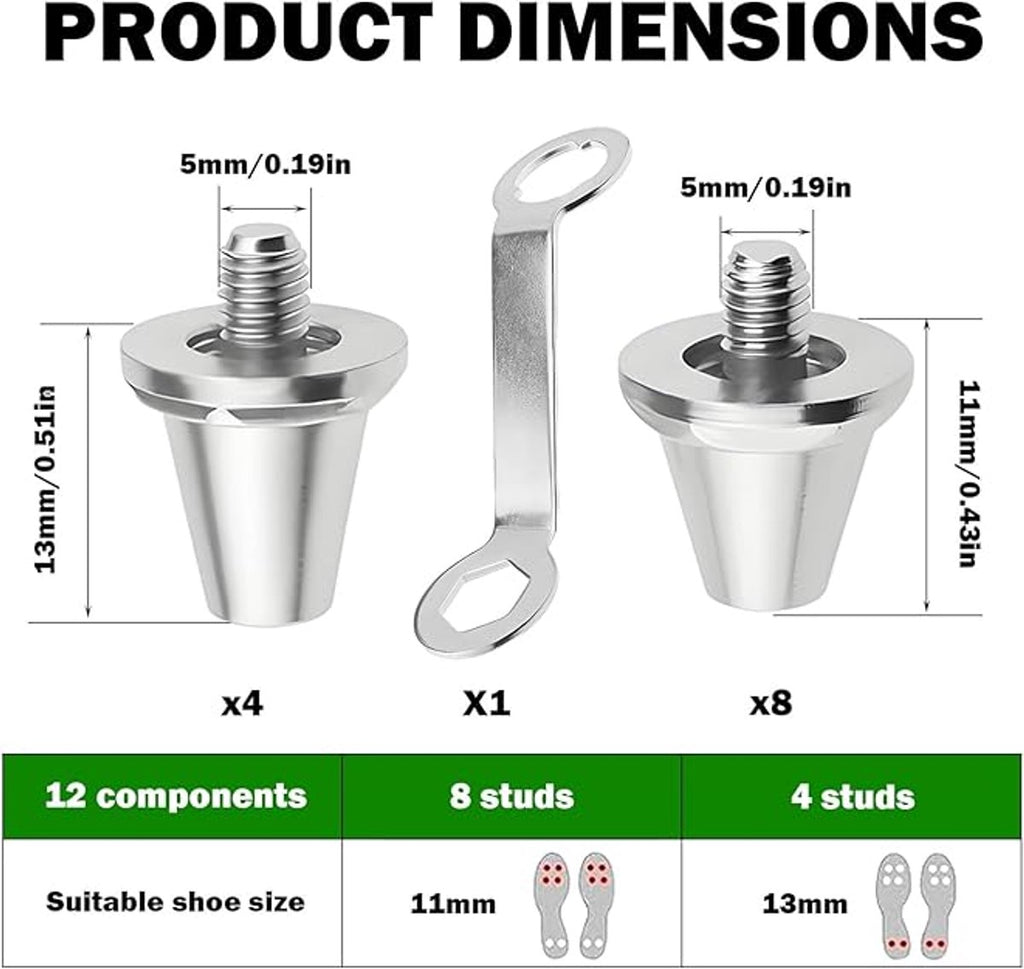 12 pieces - football studs - replacement metal football studs - 8 11mm and 4 13mm football studs - with tools - replacement football studs for football boots - football boot accessories - silver