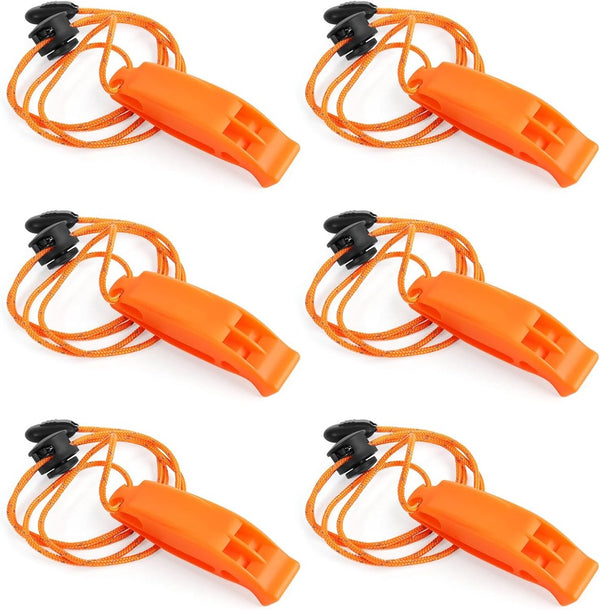 6 pieces - Emergency whistle - survival whistles - dual frequency - emergency whistle - with reflective cord, adjustable clip - emergency whistle survival whistle - for rescue operations in nature, hiking, camping, hunting and safety at sea - orange
