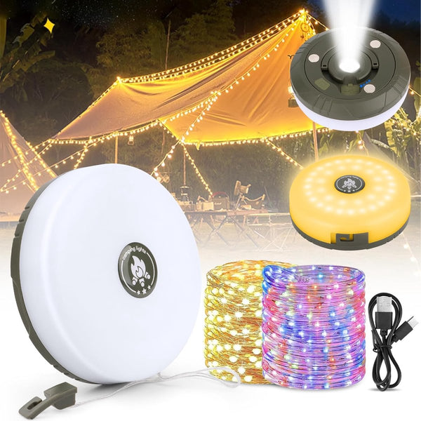 2-Piece Camping Light String 10 M - Warm Lights and Colored Light - Camping Lighting String - Light Garland - Ambience Strip - 4-in-1 Portable - Camp Lamp - Retractable - Waterproof - Solar String Lights - For Camping, Garden, Decoration - USB Rechargeabl
