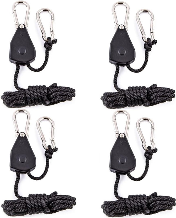 4 pieces - 2m - heavy duty rope hanger - hanger rope - adjustable - plant hanging rope - lamp hanging rope - tent canopy rope stopper buckle - tent guy lines - with pulley - outdoor accessories - for camping and hiking outdoors - black