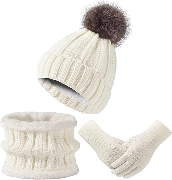 White Knitted Winter Hat Scarf and Gloves Set for Skiing