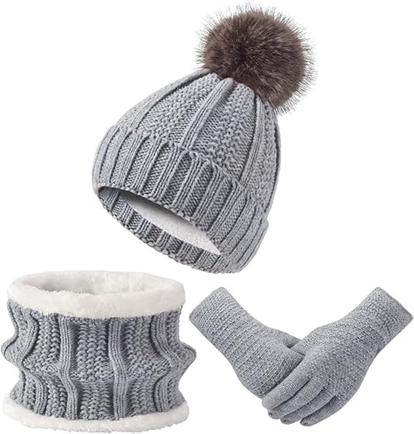 Grey Knitted Winter Hat Scarf and Gloves Set for Outdoor Sports