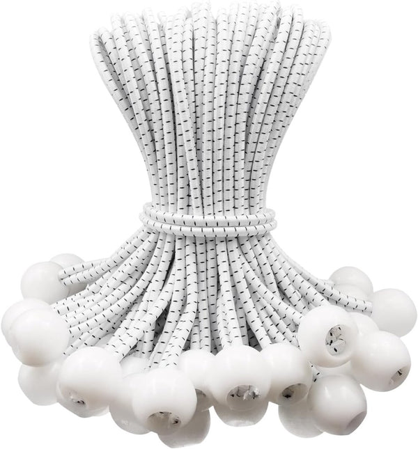 50 pieces - 6 inch - Elastic rope - Elastic cord - Tensioning elastic - tension cord - ball bungee cords - with balls - reusable - for golf nets, soccer goals, camping, tent poles, hose - white rope black spot - 150*22 mm