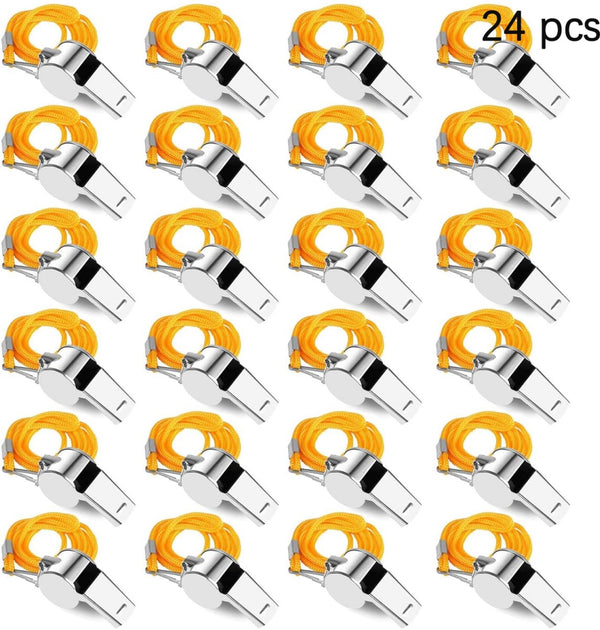 24 Pcs Stainless Steel Whistles with Nylon Cord - Silver - 4*2*1.5 cm