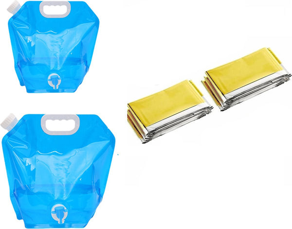 Emergency kit - 2 pieces Foldable water jerry can 5 and 10 liters - 2 pieces Emergency blanket 160x210cm - combination - survival blanket - thermal - Survival Kit - water reservoir for emergency - for outdoor, hiking, camping