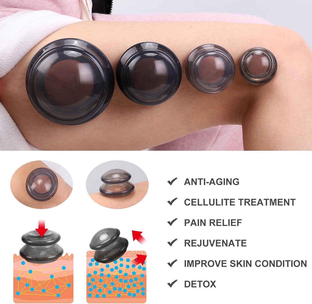 4-piece Cupping cup - Cupping cups - silicone cups - Cupping Set - Cupping For Cellulite - vacuum cup - For reducing cellulite anti-aging relieves pain and joints for buttocks, neck, body - blue