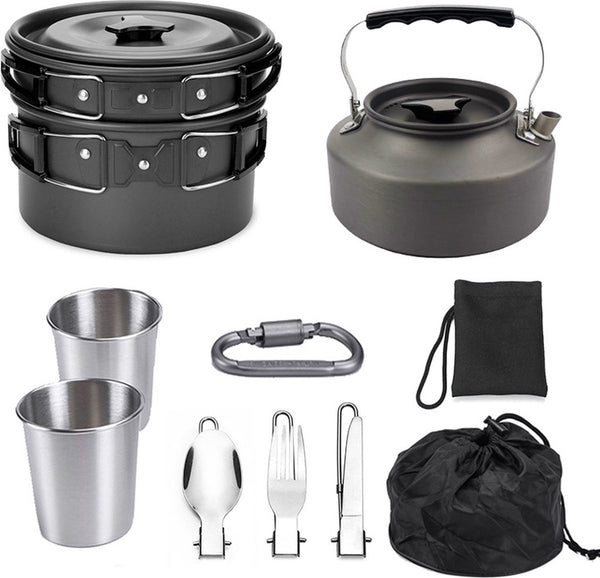Cookware - 9-piece - for camping, outdoor, hiking, picnic, BBQ, foldable camping pans - safe and BPA - Suitable for 2-3 people camping pan set