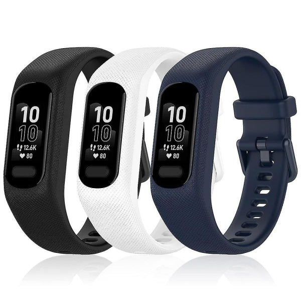 Compatible with Garmin Vivosmart 5 Wristbands, 3pcs Soft Silicone Replacement Sports Bands in Black White Blue