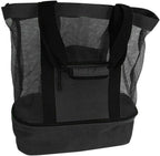 Mesh Beach Tote Bag with Detachable Insulated Beach Cooler Compartment Waterproof Sandproof Picnic Pool Bag, Black, Large