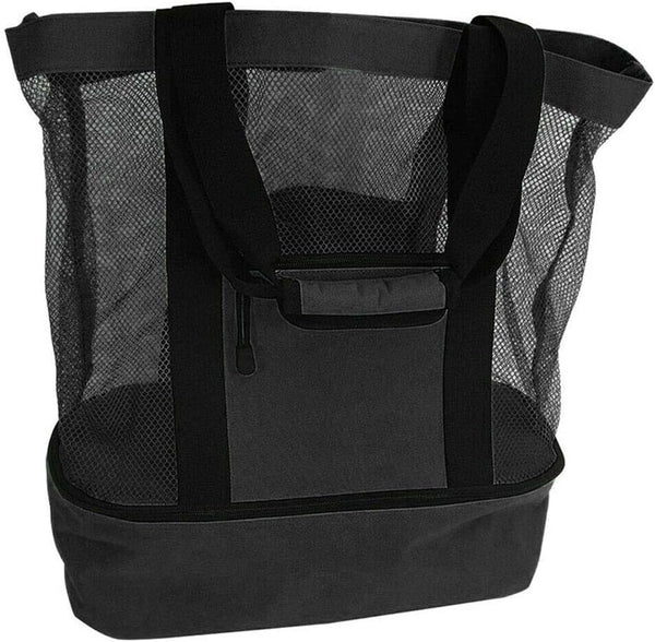 Black Mesh Beach Tote with Detachable Insulated Cooler Compartment
