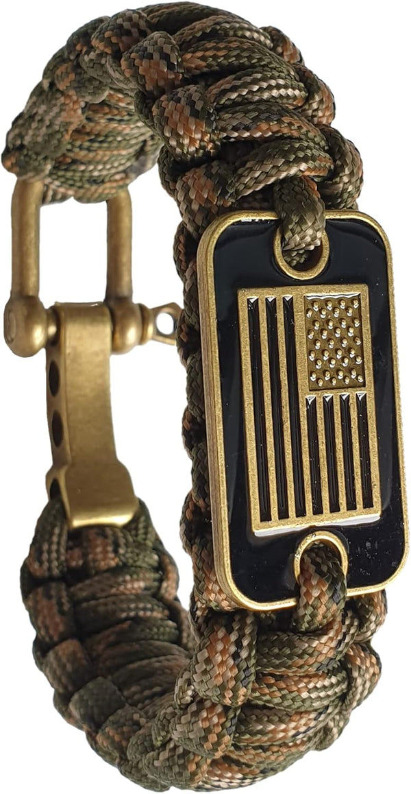 Paracord Bracelet - Tactical Survival Bracelet for Men with Bronze USA Flag - 3 Adjustable Sizes - Green Camo, L