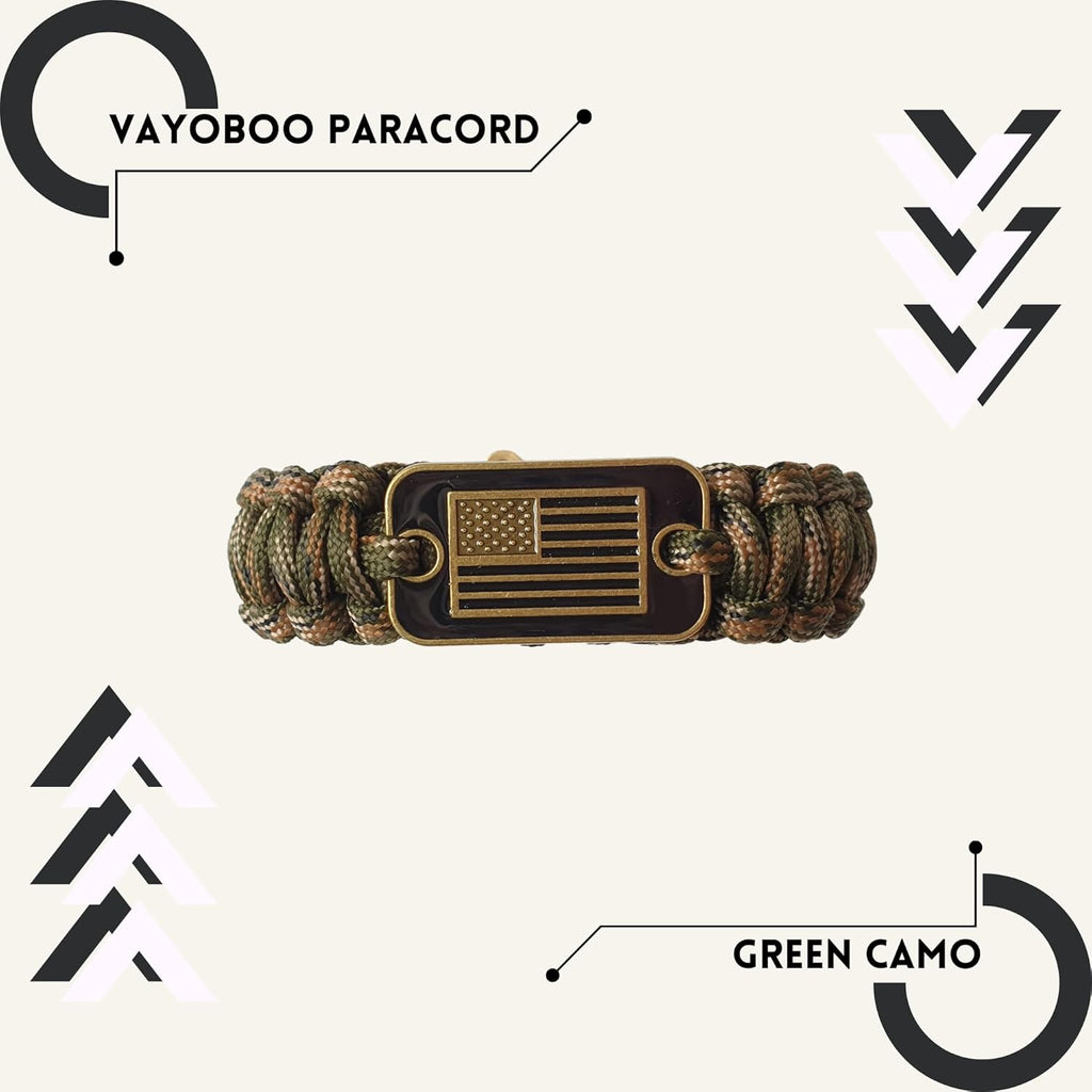 Paracord Bracelet - Tactical Survival Bracelet for Men with Bronze USA Flag - 3 Adjustable Sizes - Green Camo, L