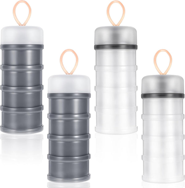4PCS Protein Powder Container with Funnels Stand, 4 Stackable Non-Spill Protein Powder Dispenser On the Go Portable Leakproof Snack Storage Container for Travel Workout Fitness (Gray + White)