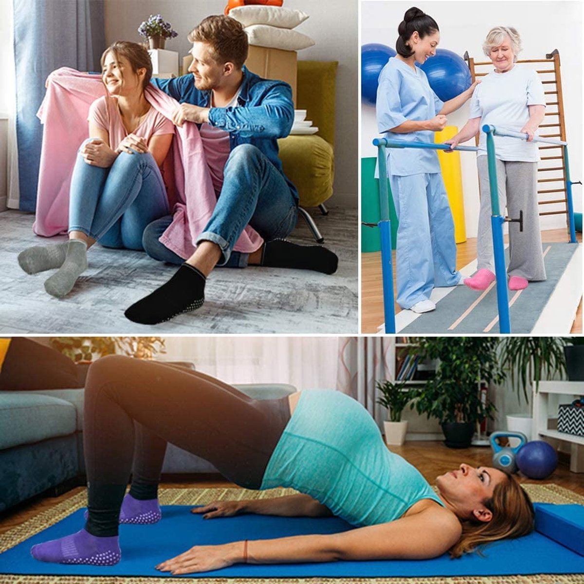 Non-slip socks - Pack of 4 pairs - Yoga and trampoline socks - Non-slip texture - Suitable for family use (black + light gray + pink + purple)