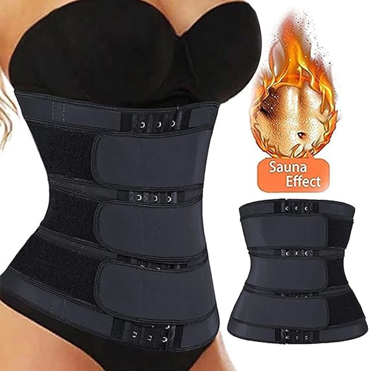 Women Sweat Reducer Training Belt - Sweatband - Waist Trainer - Slimming Belly Band - 3-Row Closure & Breathable Material - Extended Sizes (S to 6XL) - Black, XXXL