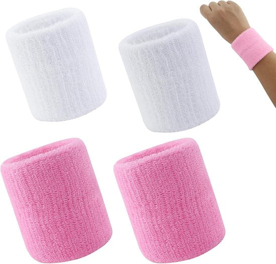 2 Pairs Super Stretch Sweat-Wicking Wristbands - Pink and White