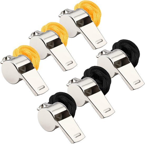 Whistles - Set of 6 - Emergency whistles - Stainless steel whistles - Metal whistles with lanyard - Coach whistles with lanyard - Sports whistles - Loud and clear whistles for referees - Emergencies in training halls
