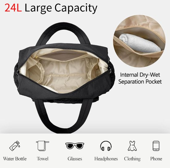 Sports Bag - Waterproof Travel Bag - 24 Liter Carry Bag - Zippered - Lightweight and Durable - Suitable for Gym, Training and Travel（Black）