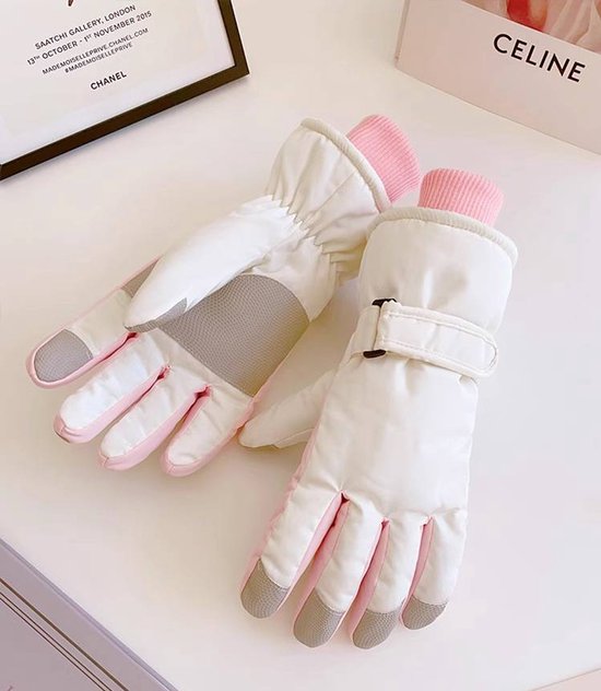 White Women's Waterproof Ski Gloves with Touchscreen Fleece Lining