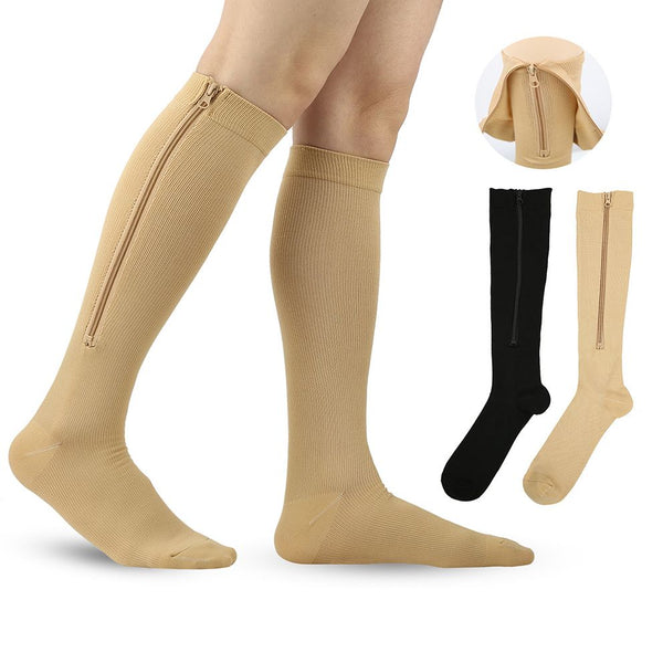 Skin Color Zipper Compression Socks 2 Pairs for Men Women (S/M)