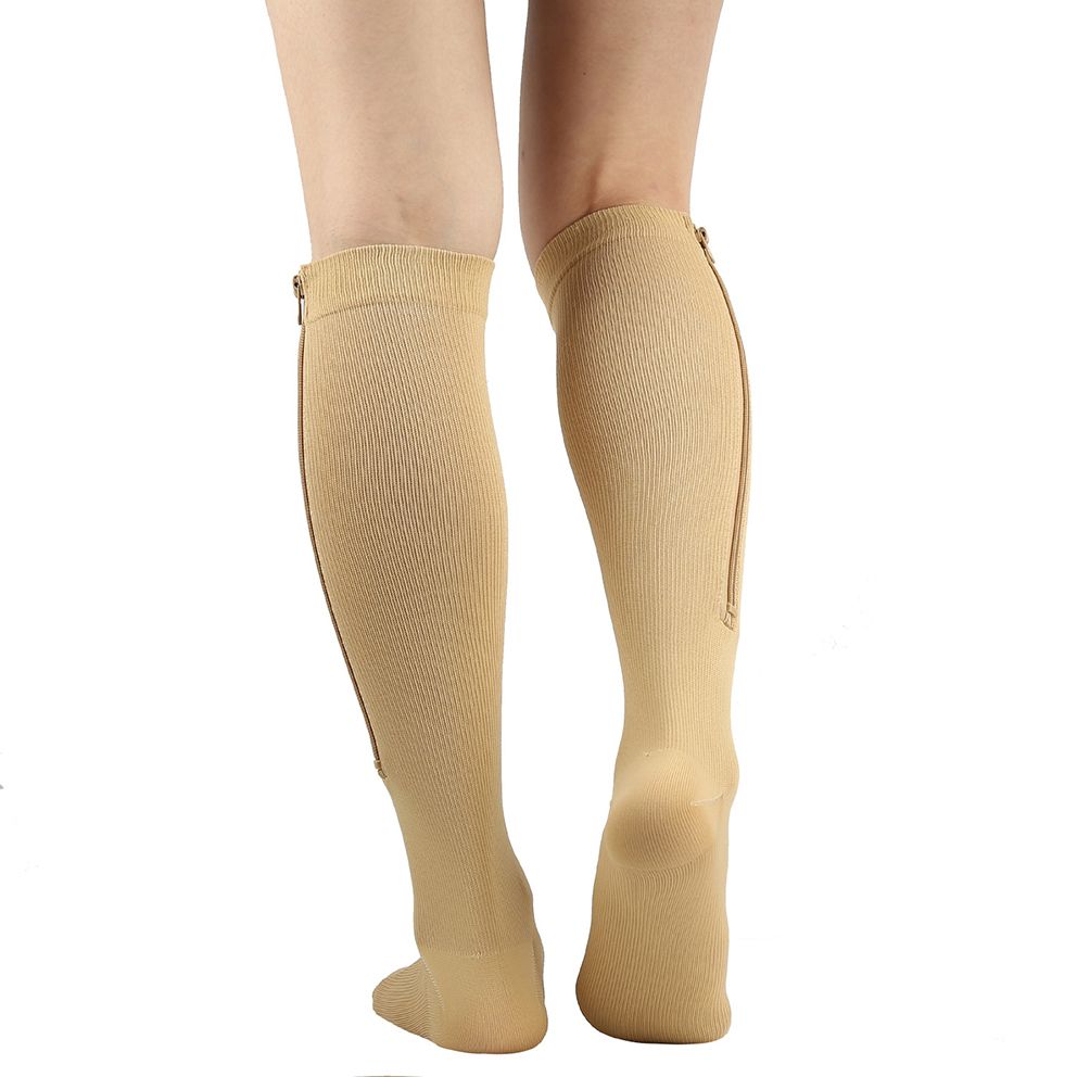 Skin Color Zipper Compression Socks 2 Pairs for Men Women, Easy On-Off Medical Stocking with Skin Protection Zipper, Closed Toe S/M for Varicose Veins