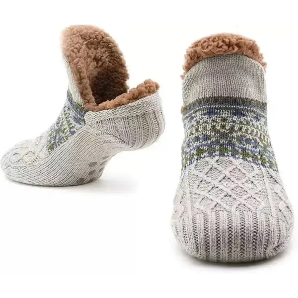 Gray Warm Cozy Fleece Socks with Anti-Slip Sole, Indoor Slipper Socks for Men and Women, Breathable Cotton Blend Size 43-45 for Cold Weather Comfort