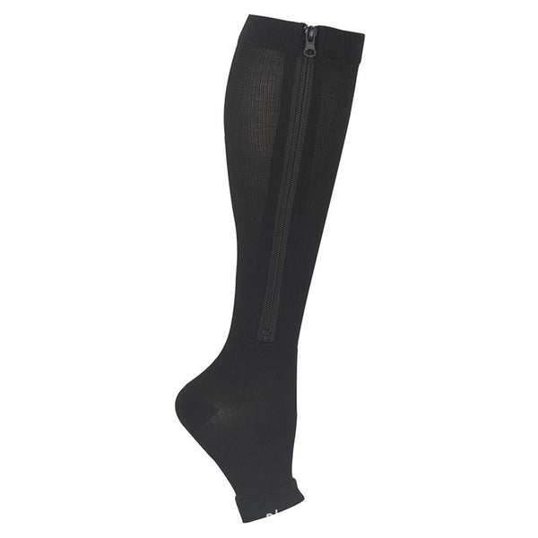 Black Zipper Compression Sports Socks 1 Pair, Elastic Ven Design for Running Football, Graduated Compression with Side Zipper for Easy On-Off and Muscle Support