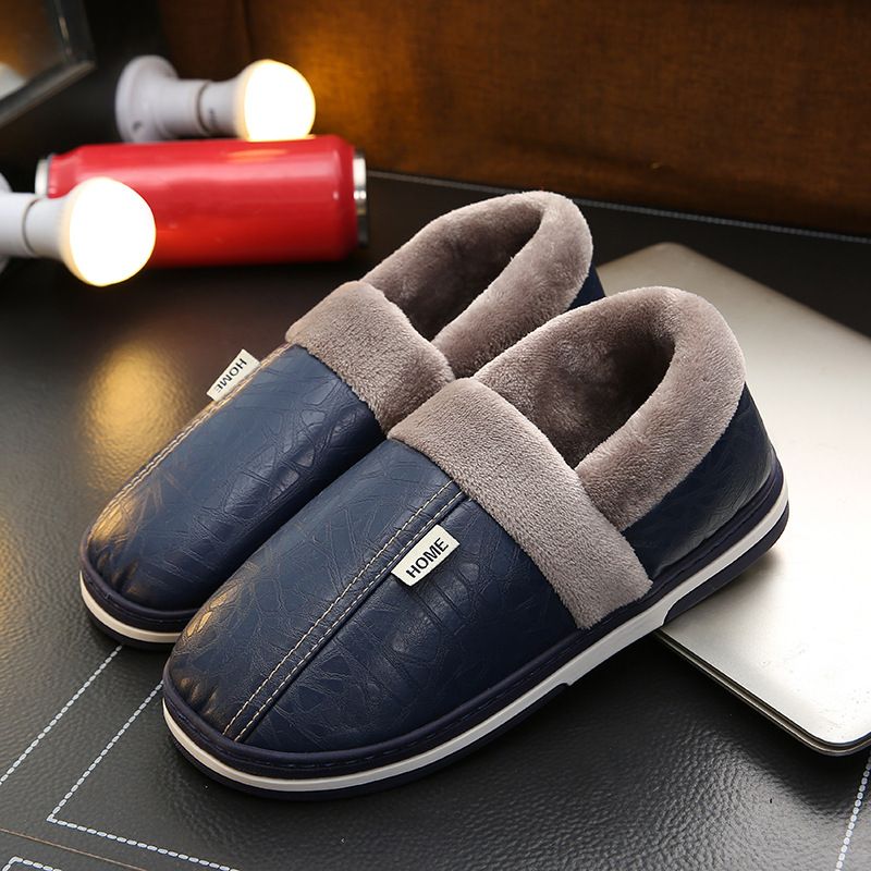 Black Faux Fur Warm Waterproof Indoor Flat Slippers for Men, Non-Slip Rubber Sole, Size 50-51 for Large Feet, Cozy Bedroom Shoes for Winter