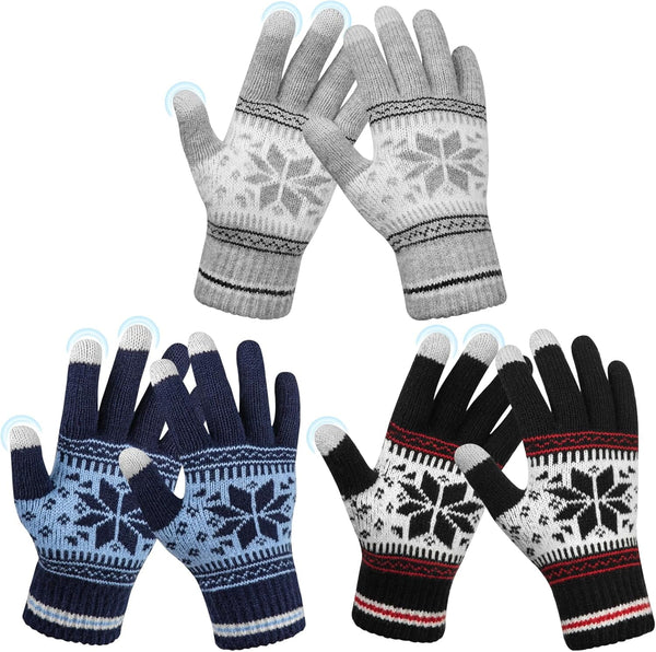 3 Pairs Touch Screen Gloves with Snow Flower Pattern, Warm Knit Winter Gloves Christmas Gifts Stocking Stuffers for Women Gray Blue White