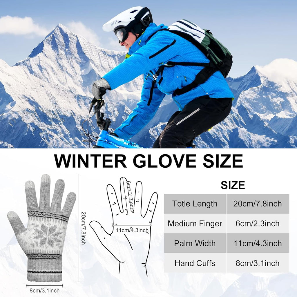 3 Pairs Touch Screen Gloves with Snow Flower Pattern, Warm Knit Winter Gloves Christmas Gifts Stocking Stuffers for Women Gray Blue White