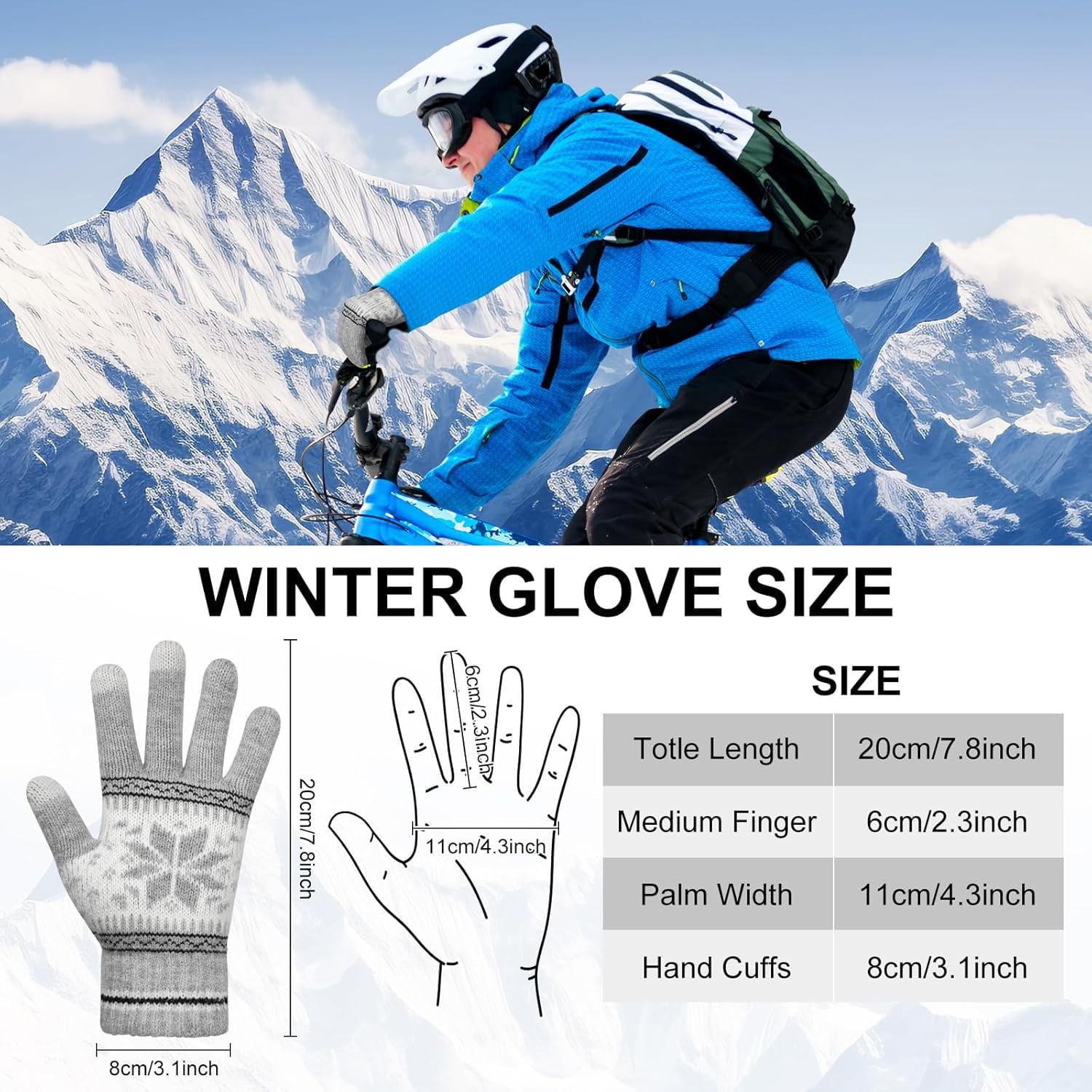 3 Pairs Touch Screen Gloves with Snow Flower Pattern, Warm Knit Winter Gloves Christmas Gifts Stocking Stuffers for Women Gray Blue White