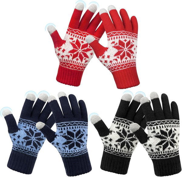 3 Pairs Touch Screen Gloves with Snow Flower Pattern, Warm Knit Winter Gloves Christmas Gifts Stocking Stuffers for Women Red1 Blue White