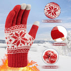 3 Pairs Touch Screen Gloves with Snow Flower Pattern, Warm Knit Winter Gloves Christmas Gifts Stocking Stuffers for Women Red1 Blue White