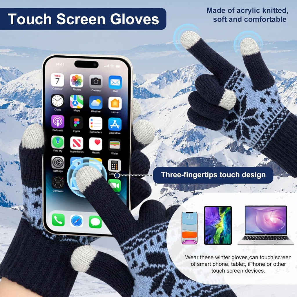 3 Pairs Touch Screen Gloves with Snow Flower Pattern, Warm Knit Winter Gloves Christmas Gifts Stocking Stuffers for Women Red1 Blue White