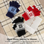 3 Pairs Touch Screen Gloves with Snow Flower Pattern, Warm Knit Winter Gloves Christmas Gifts Stocking Stuffers for Women Red1 Blue White