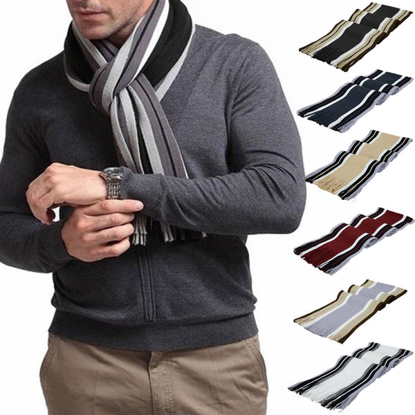 Men's Winter Scarf - Classic Striped Tassel Edge Soft Warm Scarf, Woolen Yarn Knitted Scarf Coffee