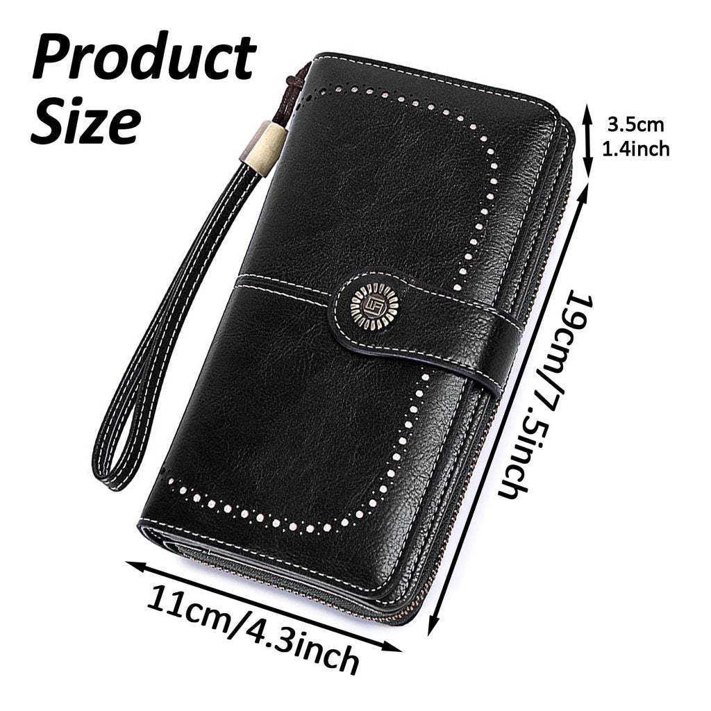 Leather Wallet Women Rfid Blocking Large Capacity, Zip Around Long Wallet - Pu Phone Clutch Purse, Trifold Ladies Wallets Coins Zipper Pocket with Id Window, Card Holder Wristlet Black
