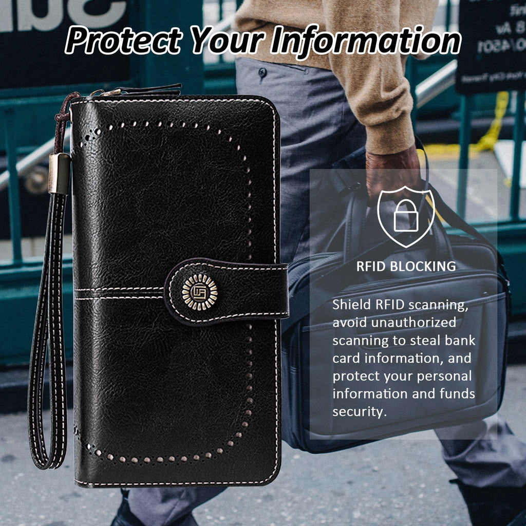 Leather Wallet Women Rfid Blocking Large Capacity, Zip Around Long Wallet - Pu Phone Clutch Purse, Trifold Ladies Wallets Coins Zipper Pocket with Id Window, Card Holder Wristlet Black
