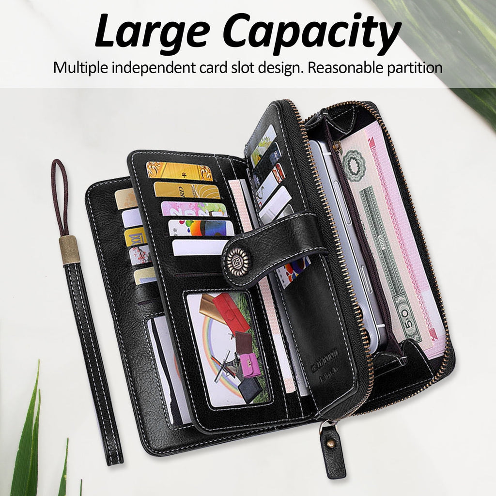 Leather Wallet Women Rfid Blocking Large Capacity, Zip Around Long Wallet - Pu Phone Clutch Purse, Trifold Ladies Wallets Coins Zipper Pocket with Id Window, Card Holder Wristlet Black