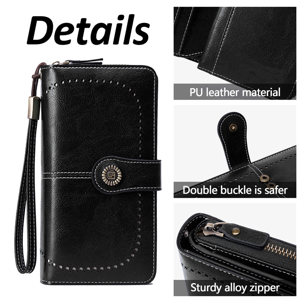 Leather Wallet Women Rfid Blocking Large Capacity, Zip Around Long Wallet - Pu Phone Clutch Purse, Trifold Ladies Wallets Coins Zipper Pocket with Id Window, Card Holder Wristlet Black